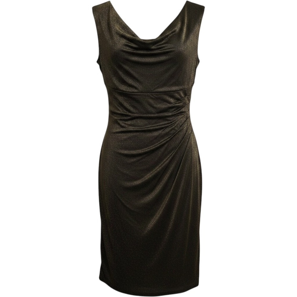 Lauren‎ Ralph Lauren Dress Womens 14 Black Gold Holiday Glimmer Cowl Neck Ruched